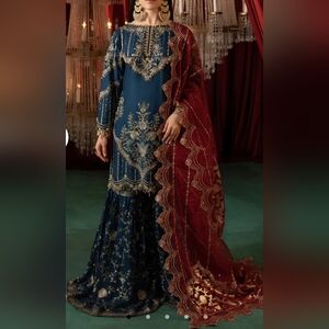 NEW Elegant Teal Blue and Red Embroidered Desi pakistani Gharara Shahjahan Large
